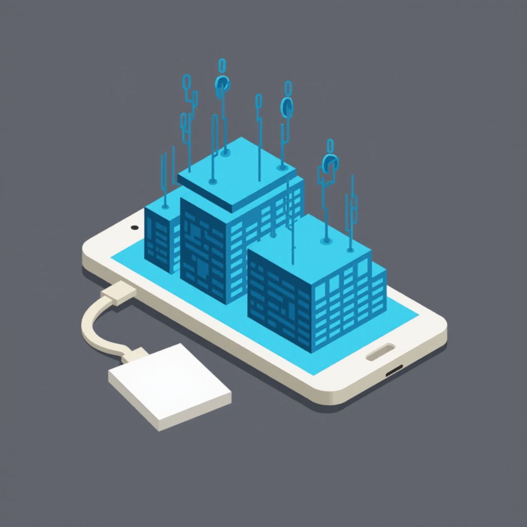 An isometric illustration of a cell phone with a building on the screen.