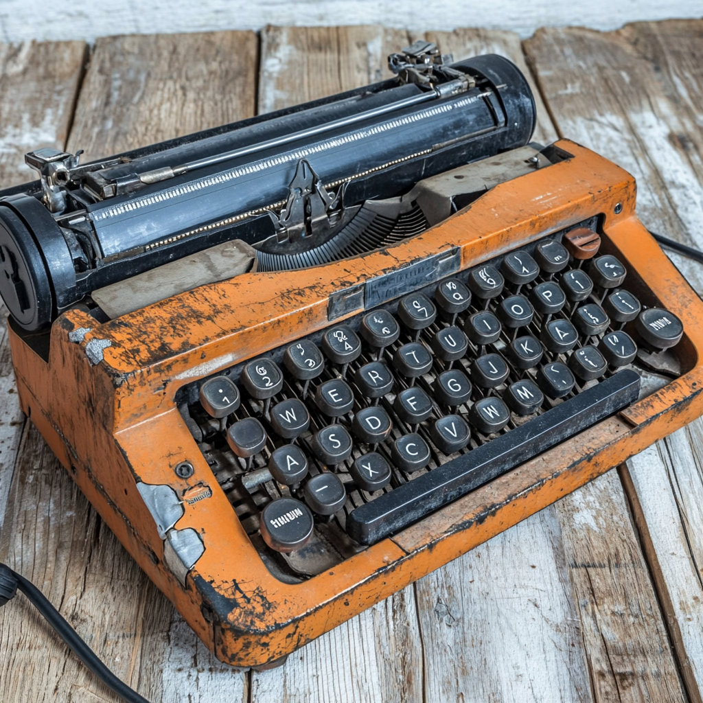 An old orange typewriter is sitting on a wooden table.