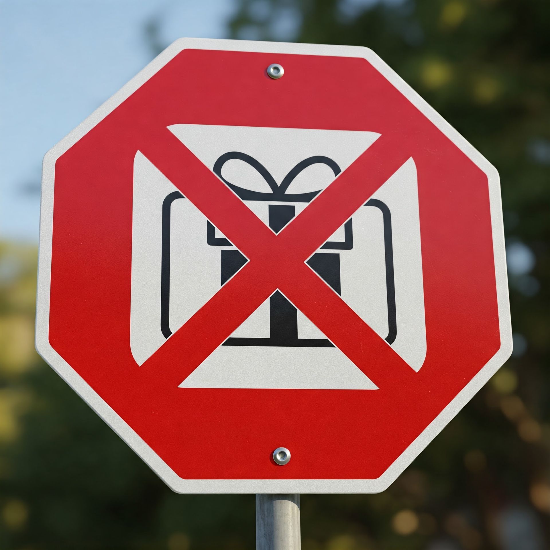 A stop sign with a gift box crossed out