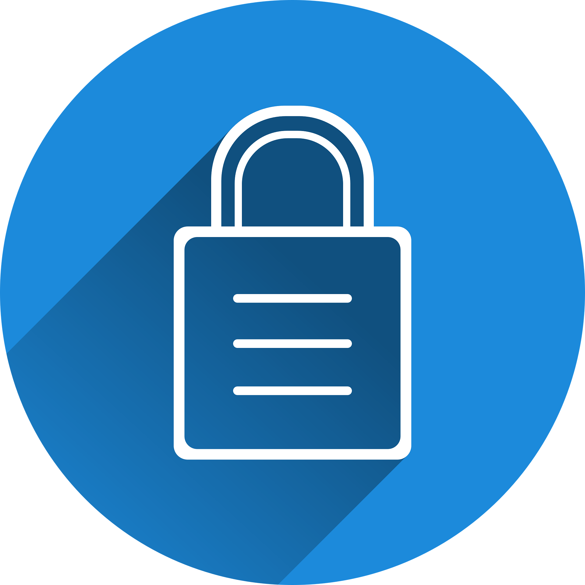 White outline of a padlock inside a blue circle; shadow to the lower left.