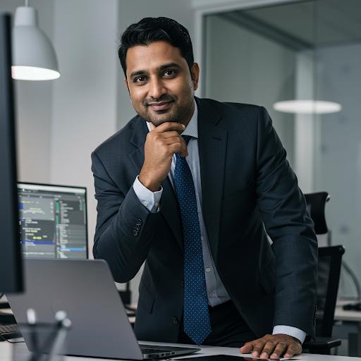 A man in a suit and tie is standing in front of a laptop computer.