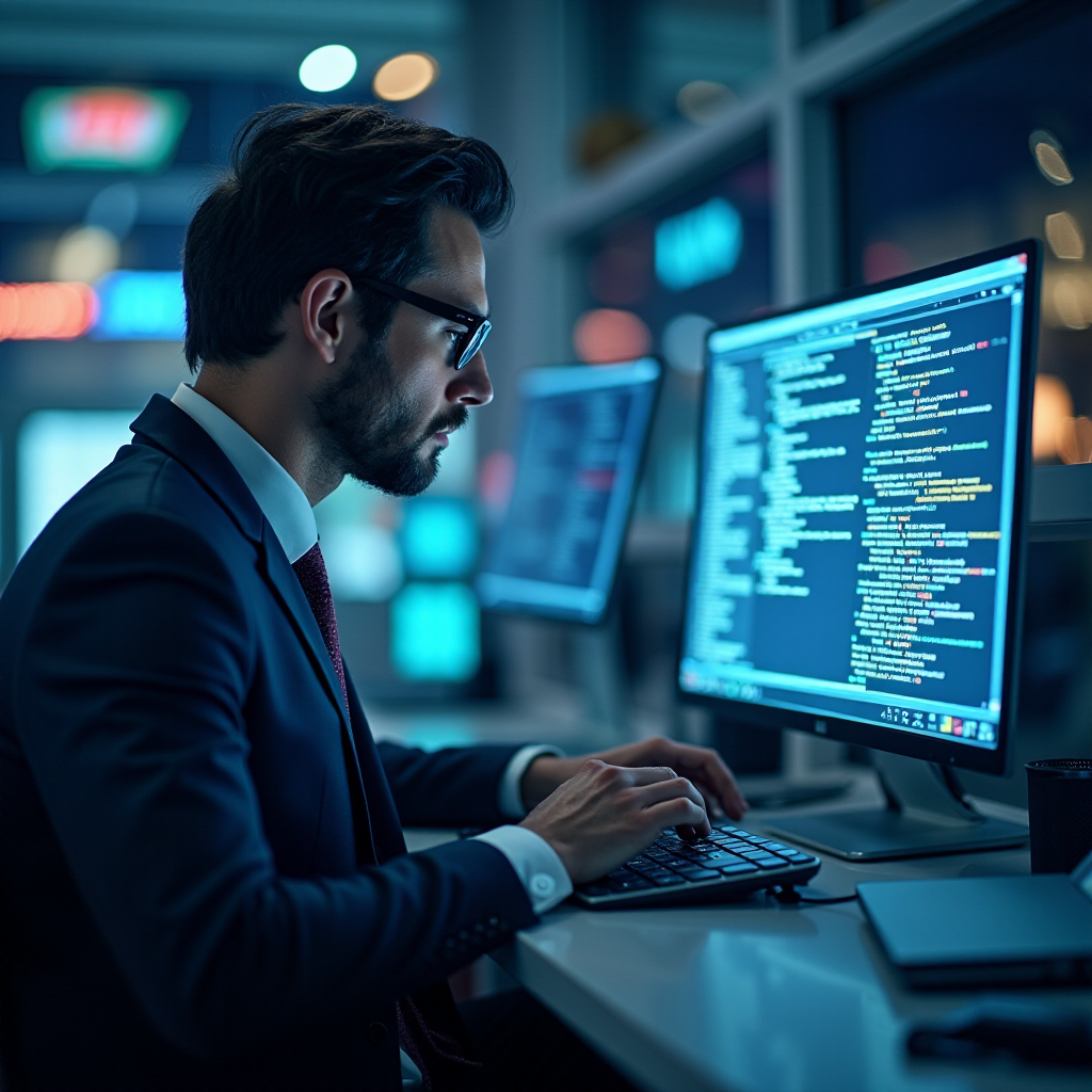 A man in a suit is typing on a keyboard in front of a computer monitor.