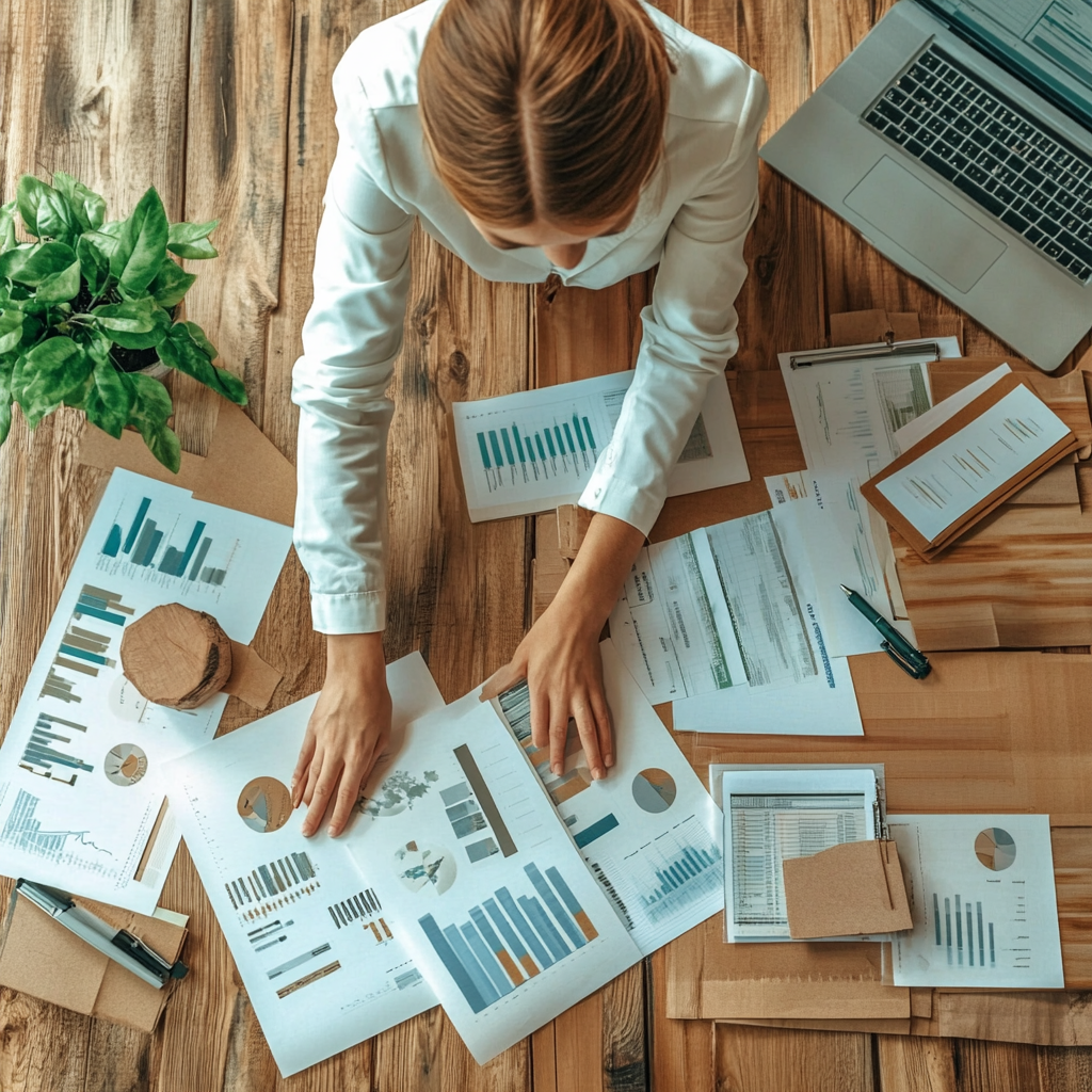 A woman is sitting at a wooden desk with papers and a laptop.