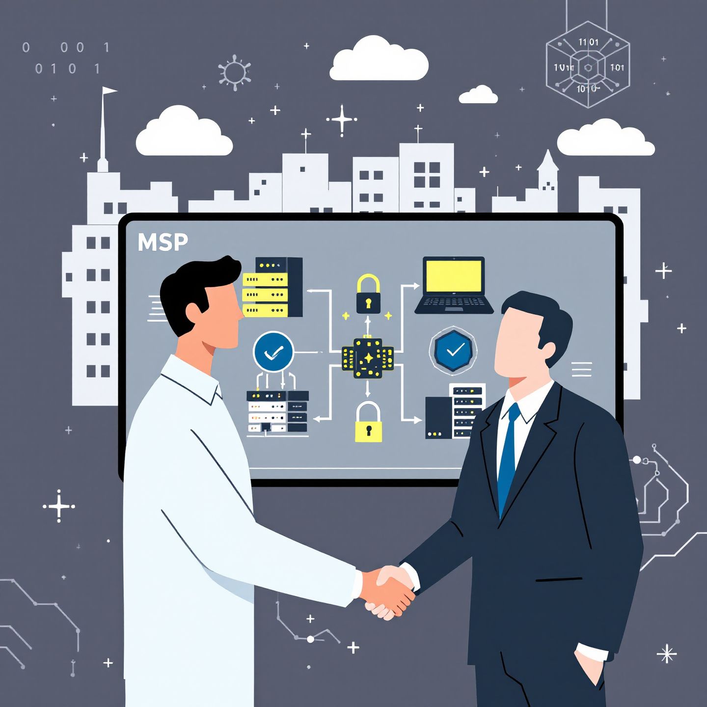 Two men are shaking hands in front of a computer screen.