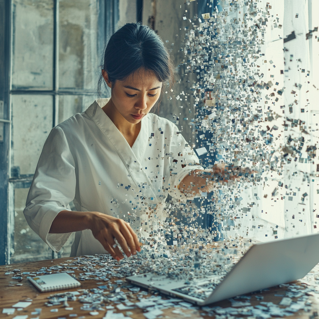 A woman is sitting at a table with a laptop and pieces of paper coming out of it.