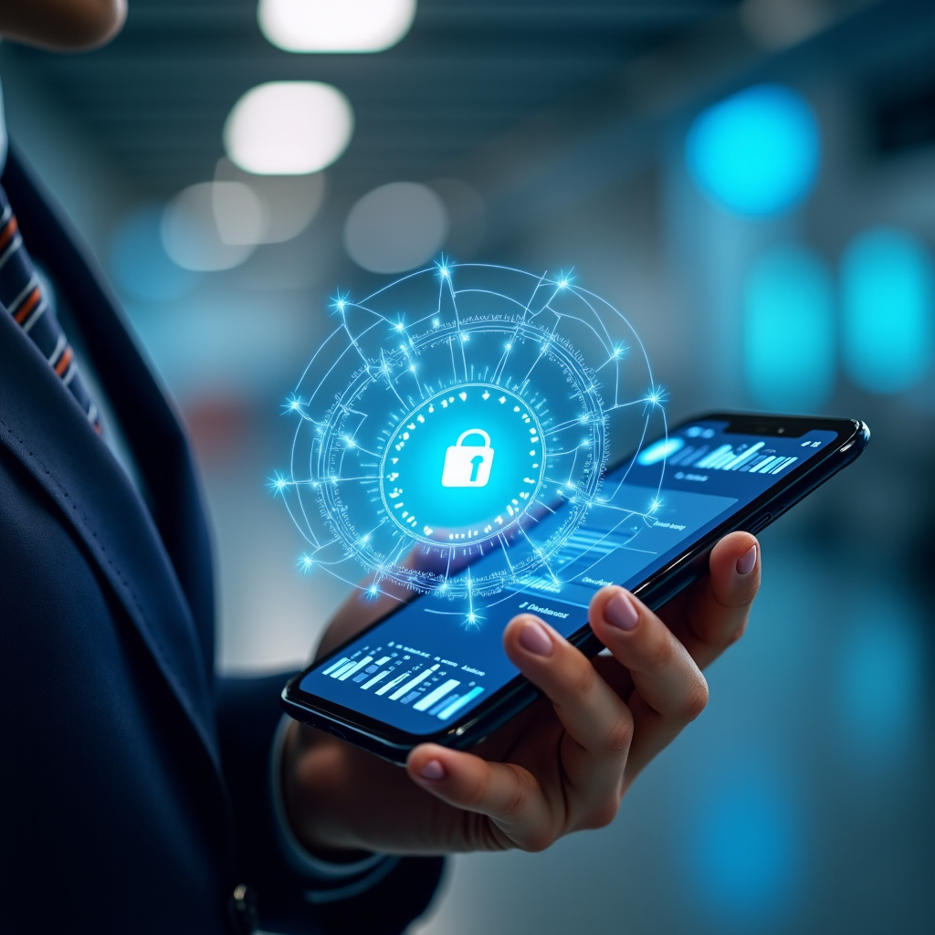 A man in a suit and tie is holding a smart phone with a padlock on the screen.