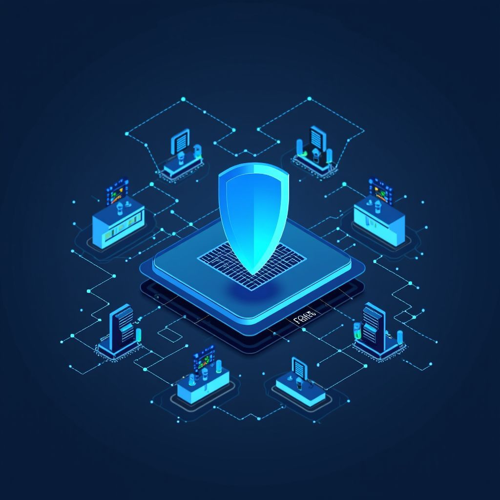 An isometric illustration of a shield on top of a computer chip surrounded by data.