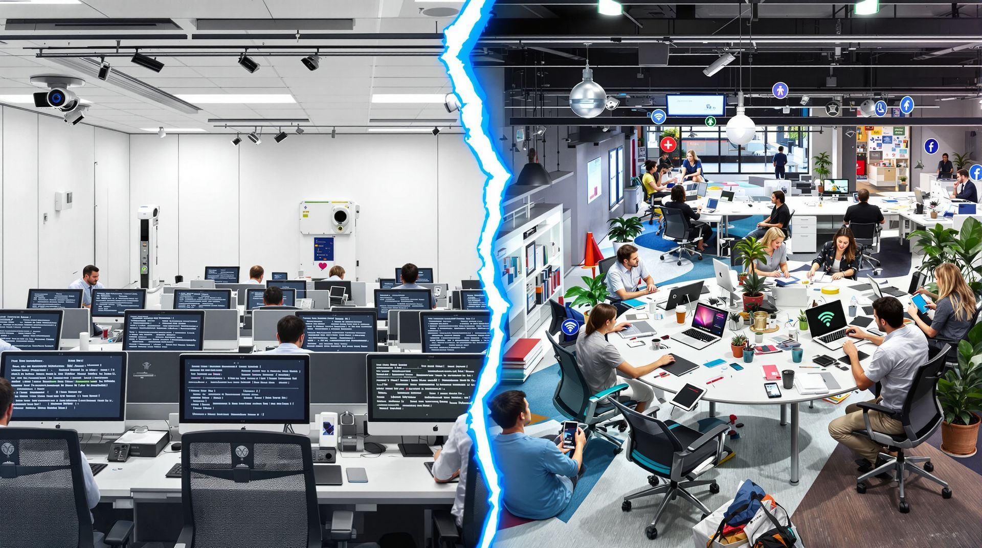 A group of people are sitting at desks in an office.