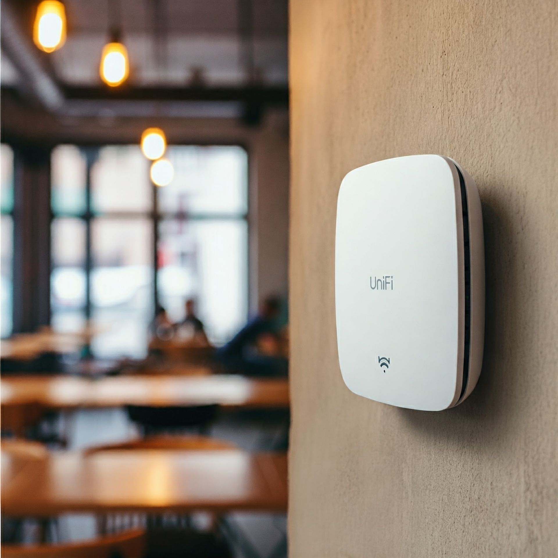 A white WiFi device is hanging on a wall in a room.