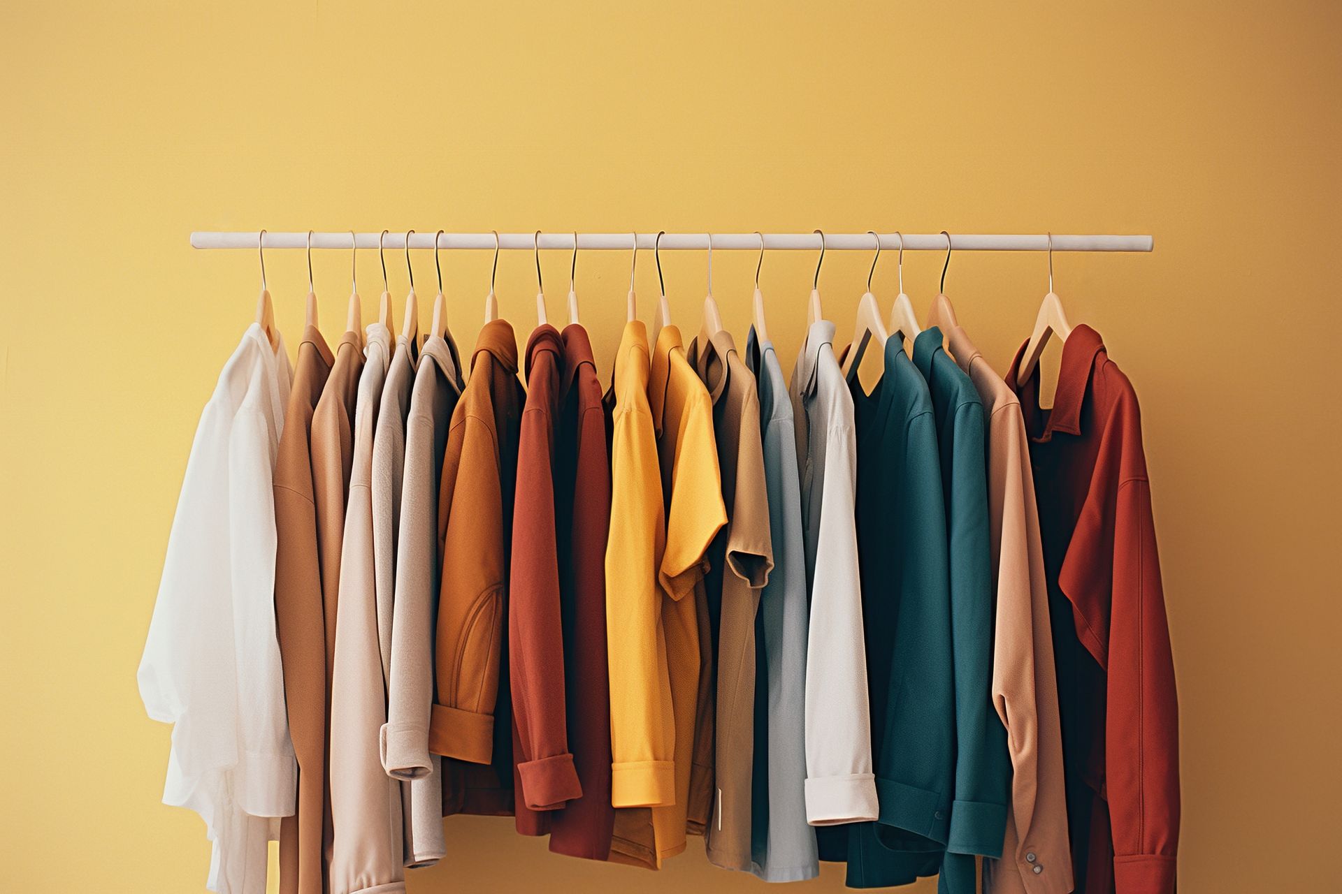 Clothes on hangers against a yellow wall; various colors, including white, brown, and yellow.
