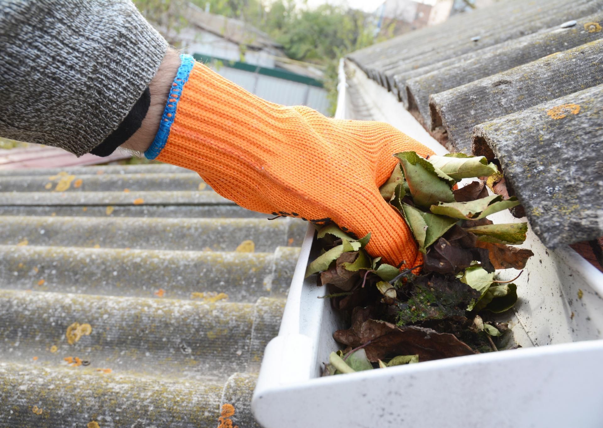 Person wearing orange glove cleaning leaves from a white gutter on a roof.
