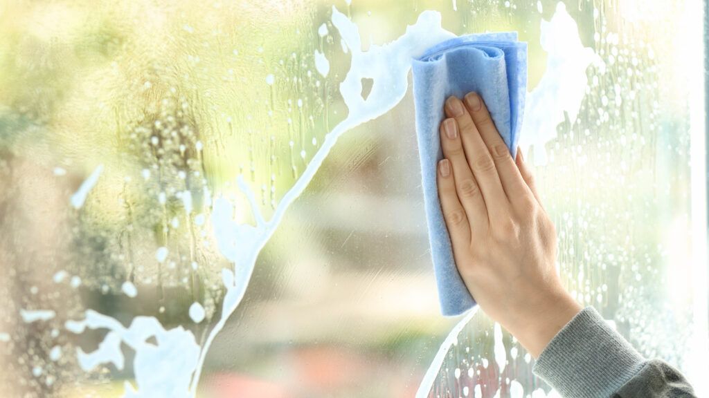 Hand wiping soapy window with a blue cloth, blurred green outside view.