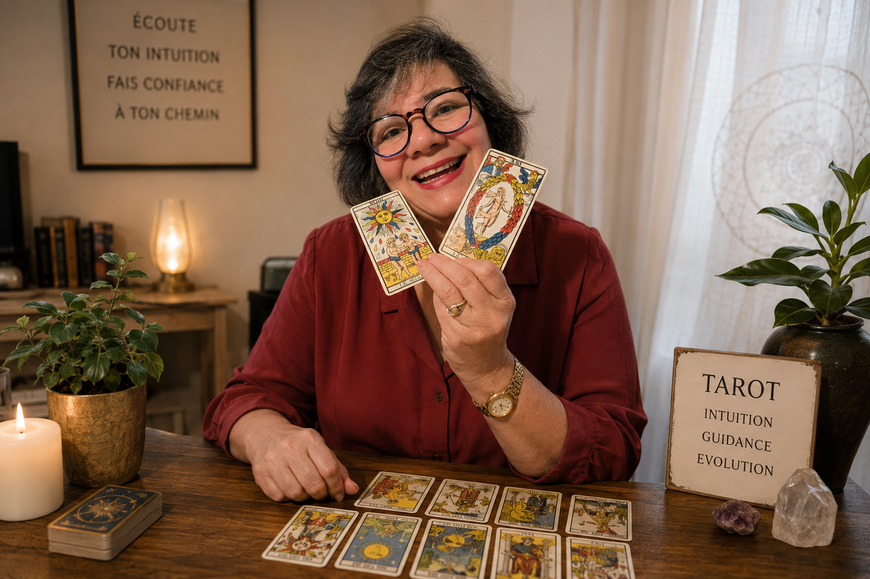 Une femme portant des lunettes tient deux cartes de tarot sur une table où se trouvent également d'autres cartes de tarot, des bougies et une pancarte indiquant qu'il s'agit d'une séance de tirage de tarot.