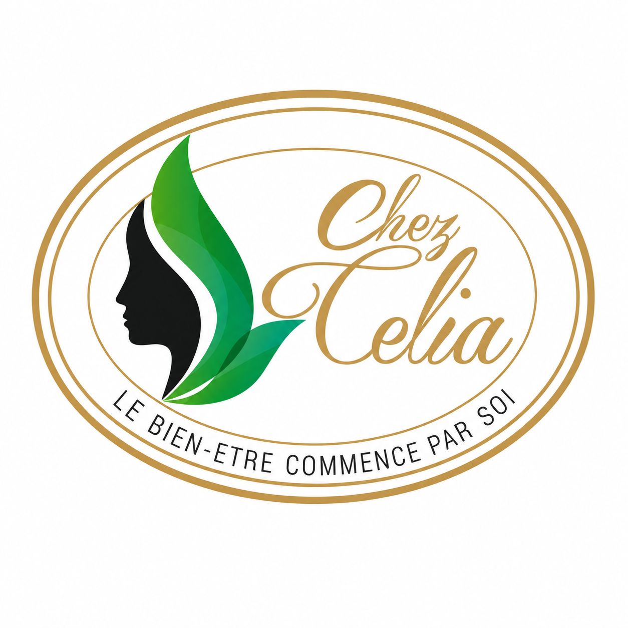Logo ovale doré “Chez Celia” avec silhouette verte et noire, slogan “Le bien-être commence par soi”.