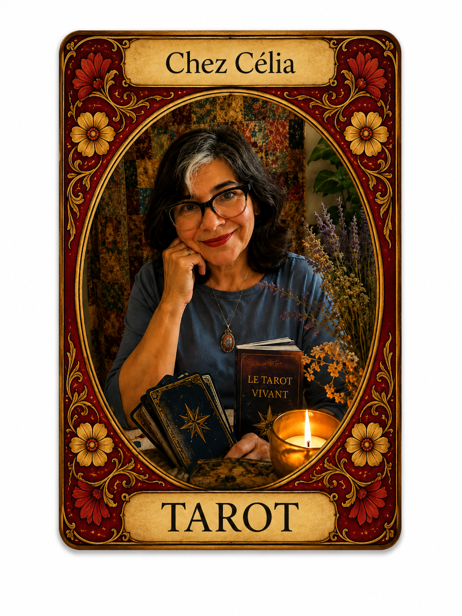 Couverture de carte de tarot avec une femme à côté de cartes de tarot et d'une bougie, encadrée de rouge et d'or, avec l'inscription « Chez Célia ».