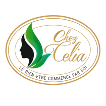 Logo Chez Celia avec feuille verte, silhouette de profil noire et bordure ovale dorée sur fond blanc
