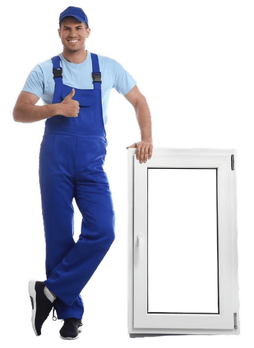 a man in blue overalls is standing next to a window and giving a thumbs up .
