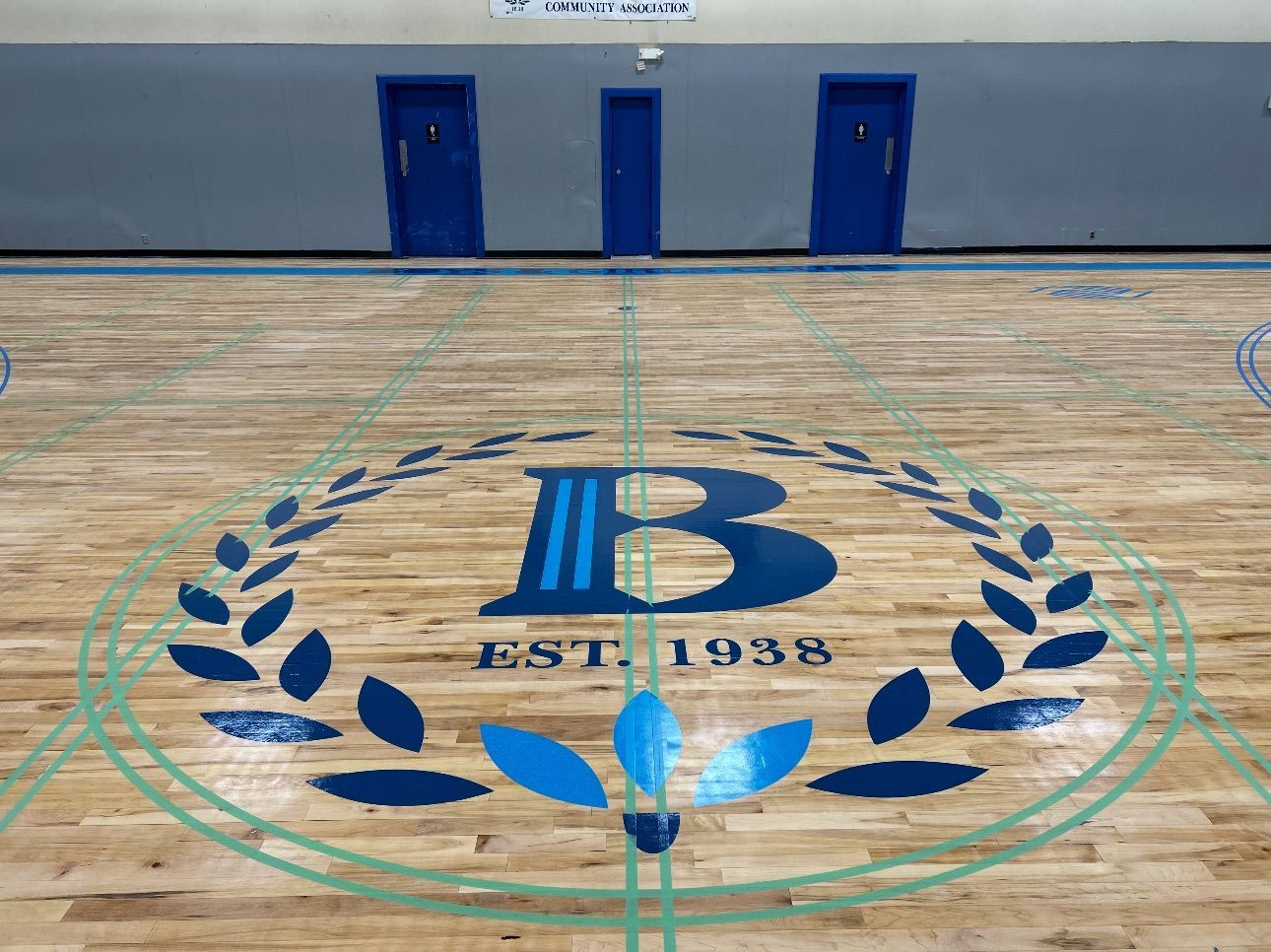 Basketball court with a blue 