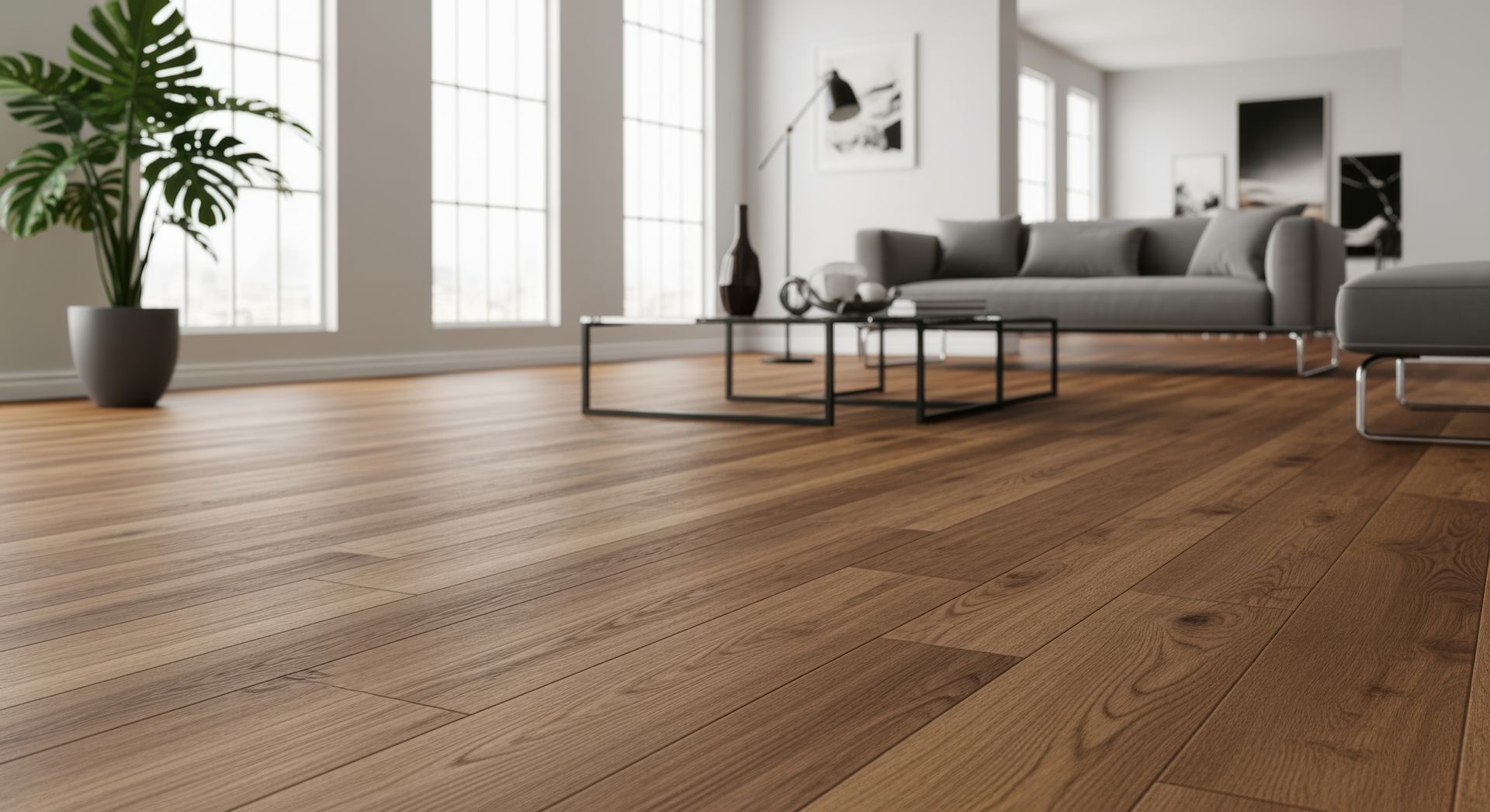 Pan across an elegant room with luxury vinyl plank flooring installed via clicklock. 