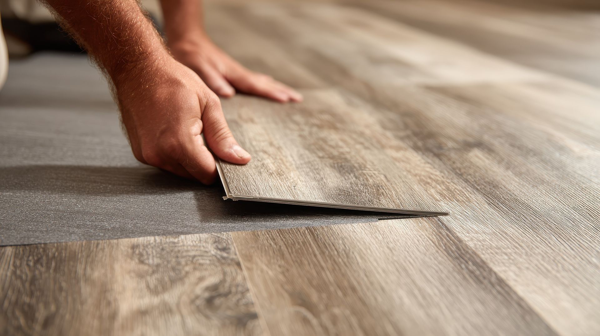 A man installing vinyl flooring, carefully laying down the sheets in a well-lit room A man installing vinyl flooring, carefully laying down the sheets in a well-lit room