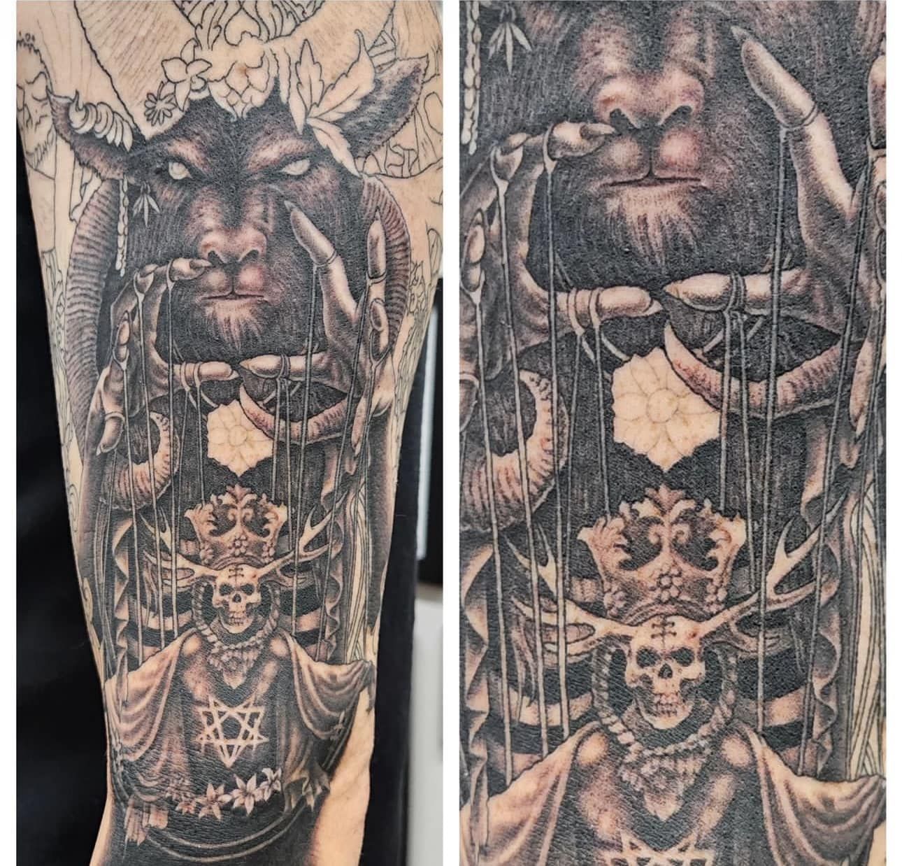 Black-and-gray tattoo of a lion’s face above an ornate skeletal figure on an arm