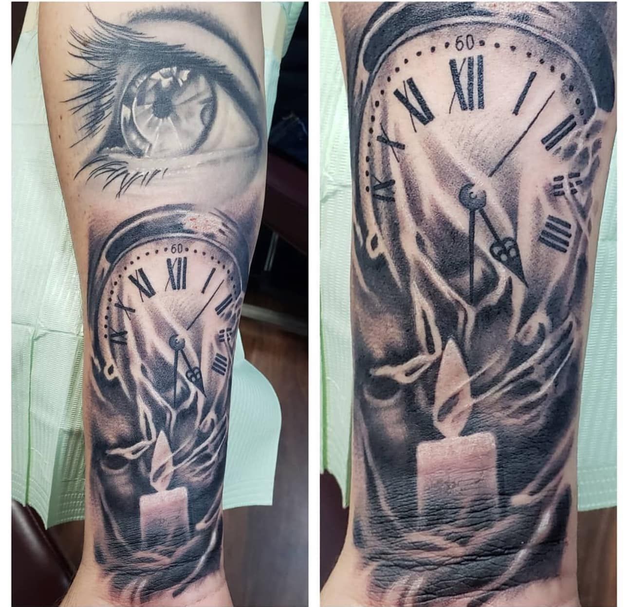 Black-and-gray forearm tattoo sleeve with a realistic eye, Roman numeral clock, and candle with smoke