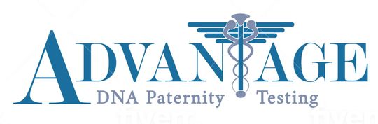 Advantage DNA Paternity Testing logo with blue text and medical caduceus icon