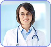 A female doctor wearing glasses and a stethoscope around her neck.