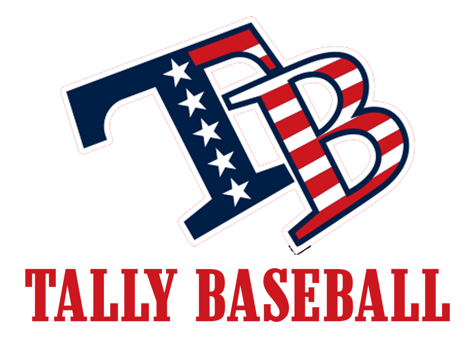 Tally Baseball vertical logo with TB initials in American flag design