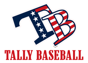 Tally Baseball vertical logo with TB initials in American flag design