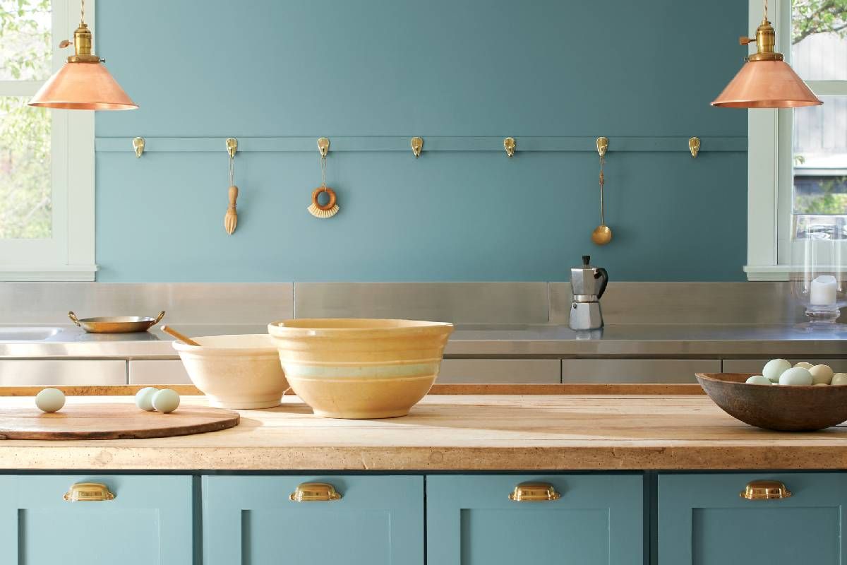 A modern kitchen with teal paint and Benjamin Moore primer near Lexington, KY