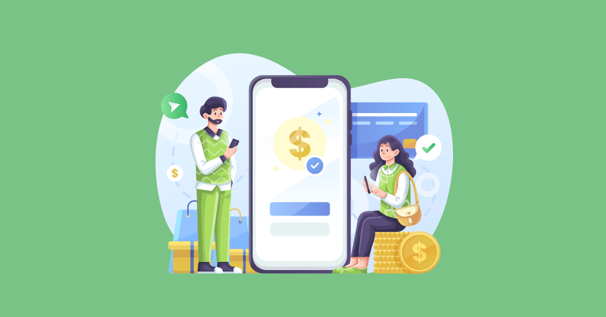 graphic of two people with large smartphone and money symbols