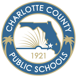 The blue and gold seal of Charlotte County Public Schools featuring an outline of Florida, a book, and palm trees.