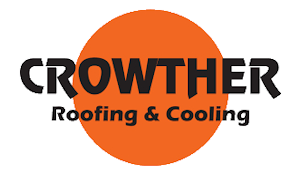 The Crowther Roofing & Cooling logo features black text overlaid on a large orange circle.