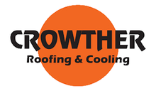 The Crowther Roofing & Cooling logo features black text overlaid on a large orange circle.