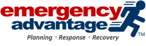 Logo for Emergency Advantage featuring red and blue text, the slogan 