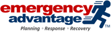 Logo for Emergency Advantage featuring red and blue text, the slogan 
