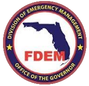 The circular blue logo of the Florida Division of Emergency Management featuring a map of Florida and the acronym FDEM.