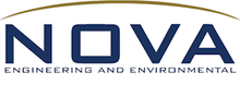 Company logo for NOVA Engineering and Environmental, featuring the name in dark blue text under a gold arch.
