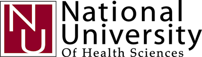 Logo for National University of Health Sciences featuring a maroon square with the white letters 