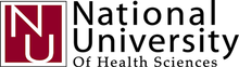 Logo for National University of Health Sciences featuring a maroon square with the white letters 