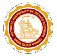 Logo for National University of Health Sciences featuring a central building icon, gold border, and text on a maroon circle.