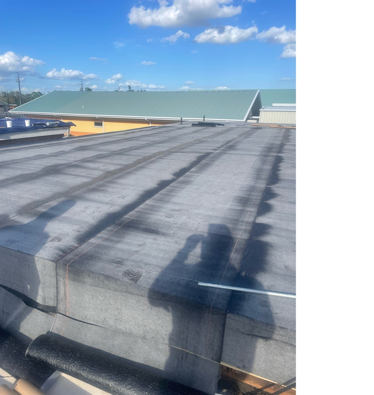 A flat roof under a blue sky, showing seams in the dark grey roofing material and a nearby green-roofed building.