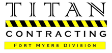 Logo for Titan Contracting, Fort Myers Division, featuring text with a yellow and black caution-striped bar.