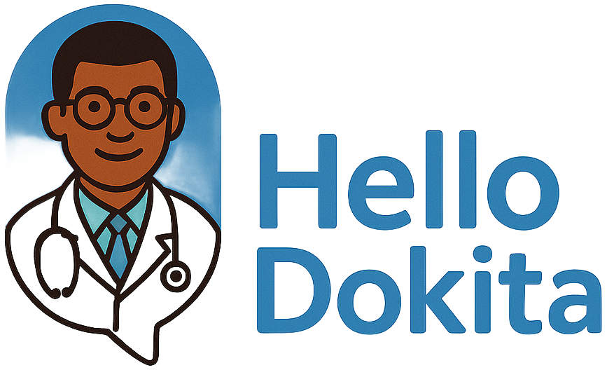 Doctor icon with stethoscope, smiling, and the words