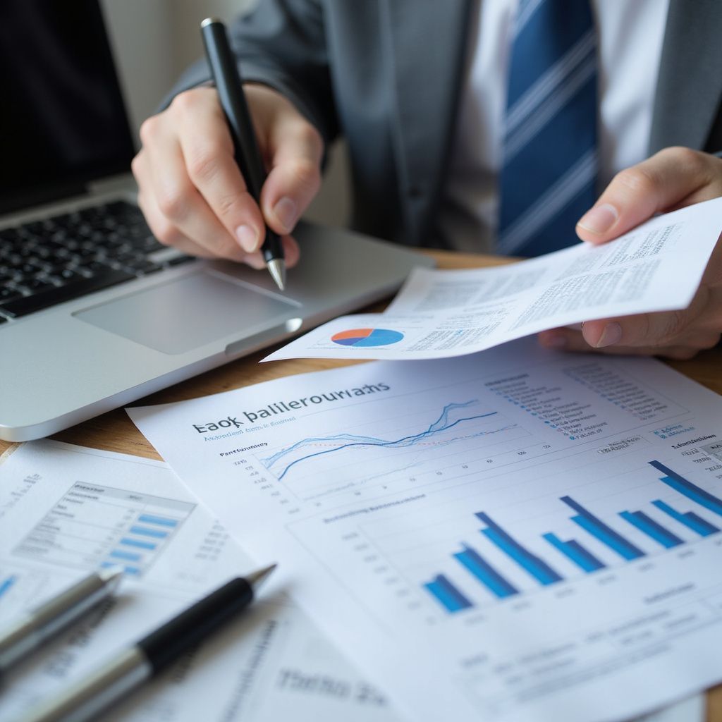 Person in suit reviewing financial documents with laptop and pen.