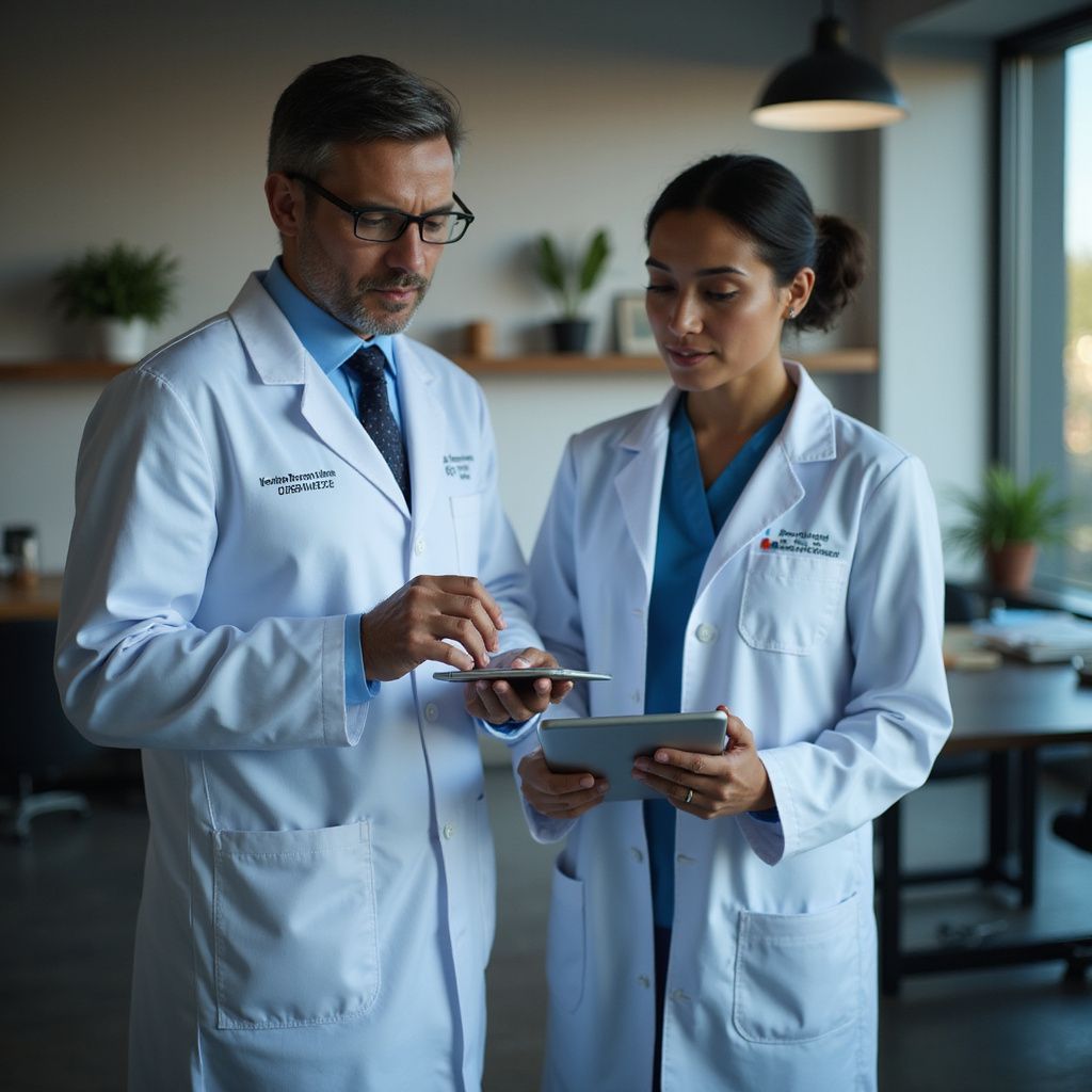 Two medical professionals in white coats review tablets in a well-lit office.