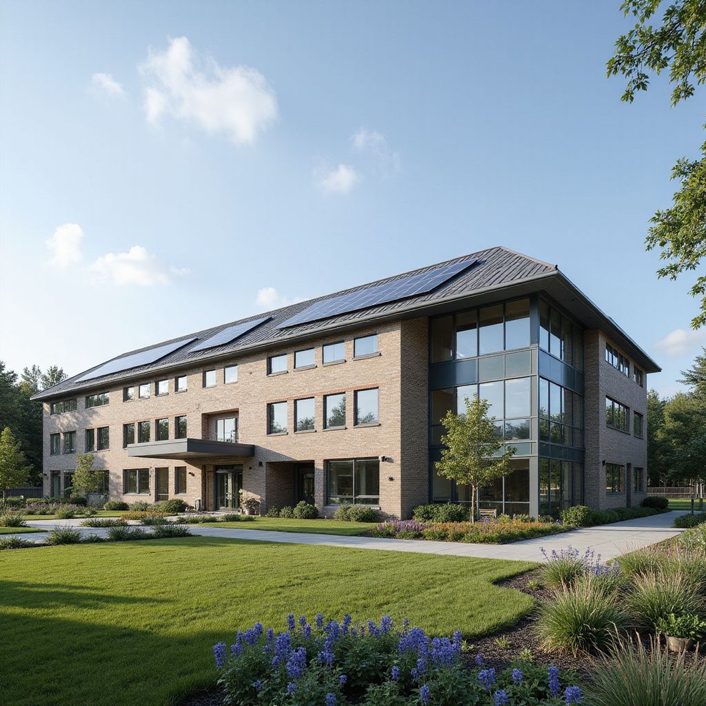 Brick office building with solar panels on roof, large windows, and manicured lawn.
