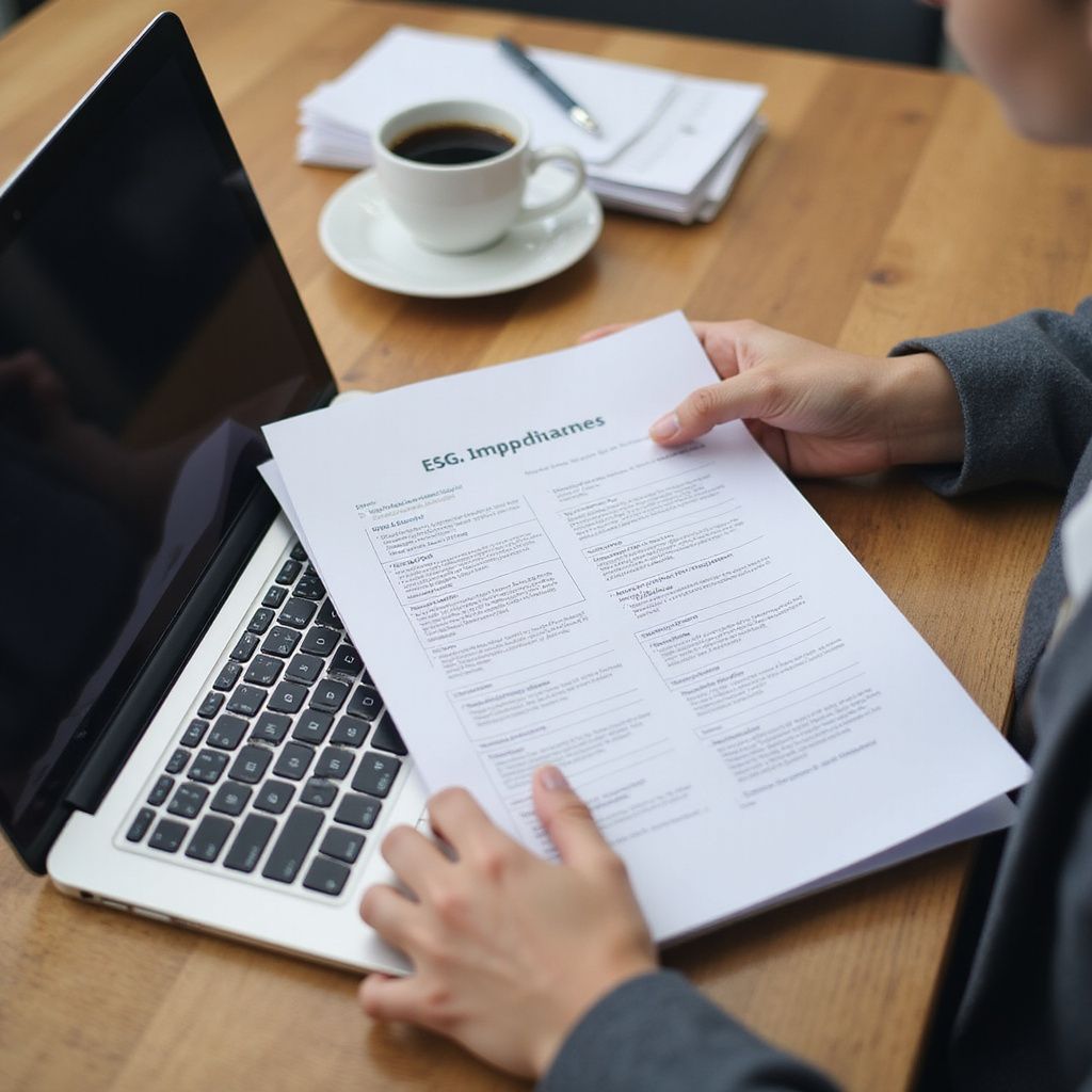 Person holding printed document, working at a table with laptop, coffee, and papers.