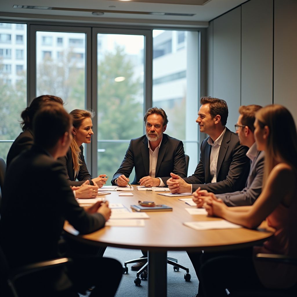 Business team in suits at a round table, discussing papers in a modern office with large windows.